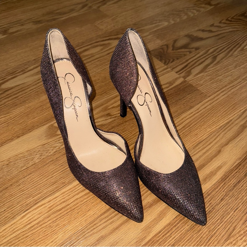 Jessica Simpson‎ Claudette Metallic Silver Bronze Pointed Toe Pumps sz 9.5